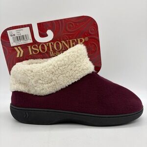 NEW Isotoner Womens 7.5-8 Holiday Slippers Burgundy Hard Sole Cushioned Sherpa